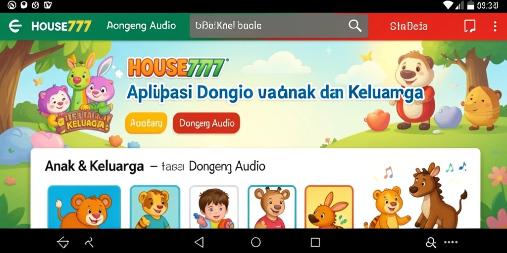Tampilan antarmuka aplikasi HOUSE777 untuk pengalaman dongeng audio.