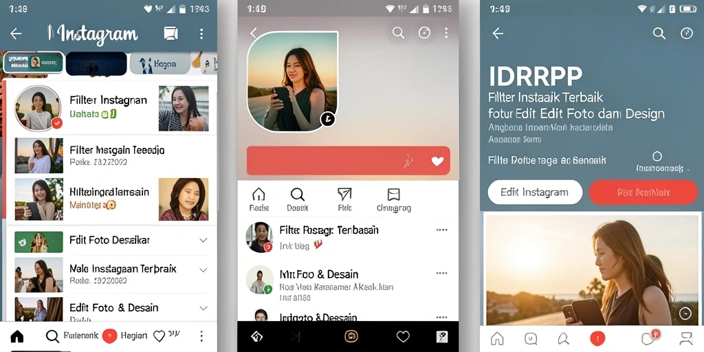 Tampilan antarmuka aplikasi IDRRP dengan berbagai filter Instagram.